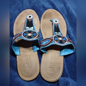 LascanaWomen's Beaded Leather Sandals - Blue and Tan -multi Colored Indian Beads
